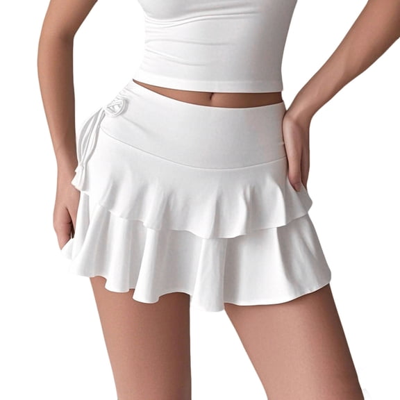 Women's Mini Skirts Summer Casual Cute Elastic Adjustable Strap Tiered Ruffle Pleated A-Line Party Beach Athletic Dance Tennis Skirt White