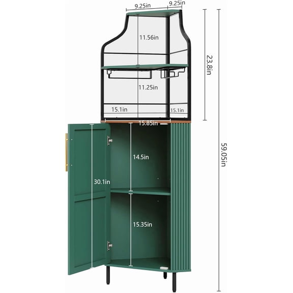 Corner Bar Cabinet with LED Strip, 4-Tiers Modern Corner Coffee Bar with Glass Holder, Fluted Tall Liquor Cabinet for Kitchen, Dining Room, Living Room, Green