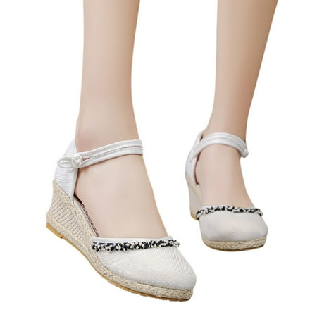 

Cathalem Beach Breathable Comfortable Summer Sandals Shoes Weave Women Embroidery Wedges Round Toe Women s Sandals Wide Width White 6.5