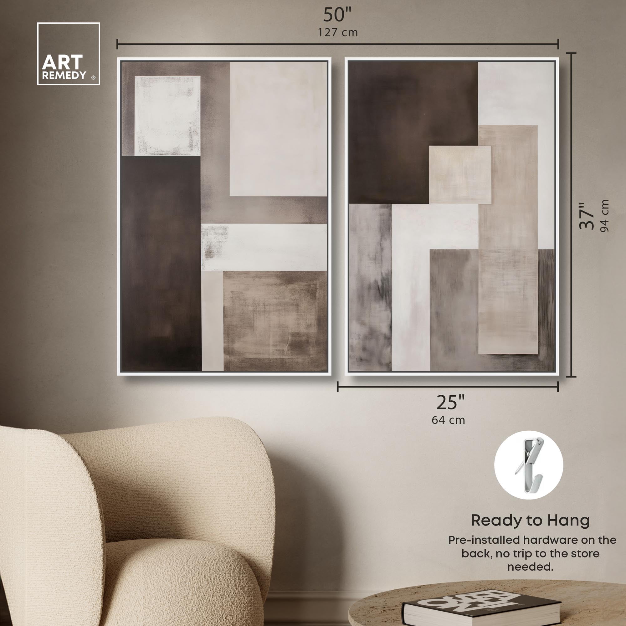 Quiet Geometries Set Canvas Print Brown Wall Art Set by Art Remedy, White Frame, 24 x 36