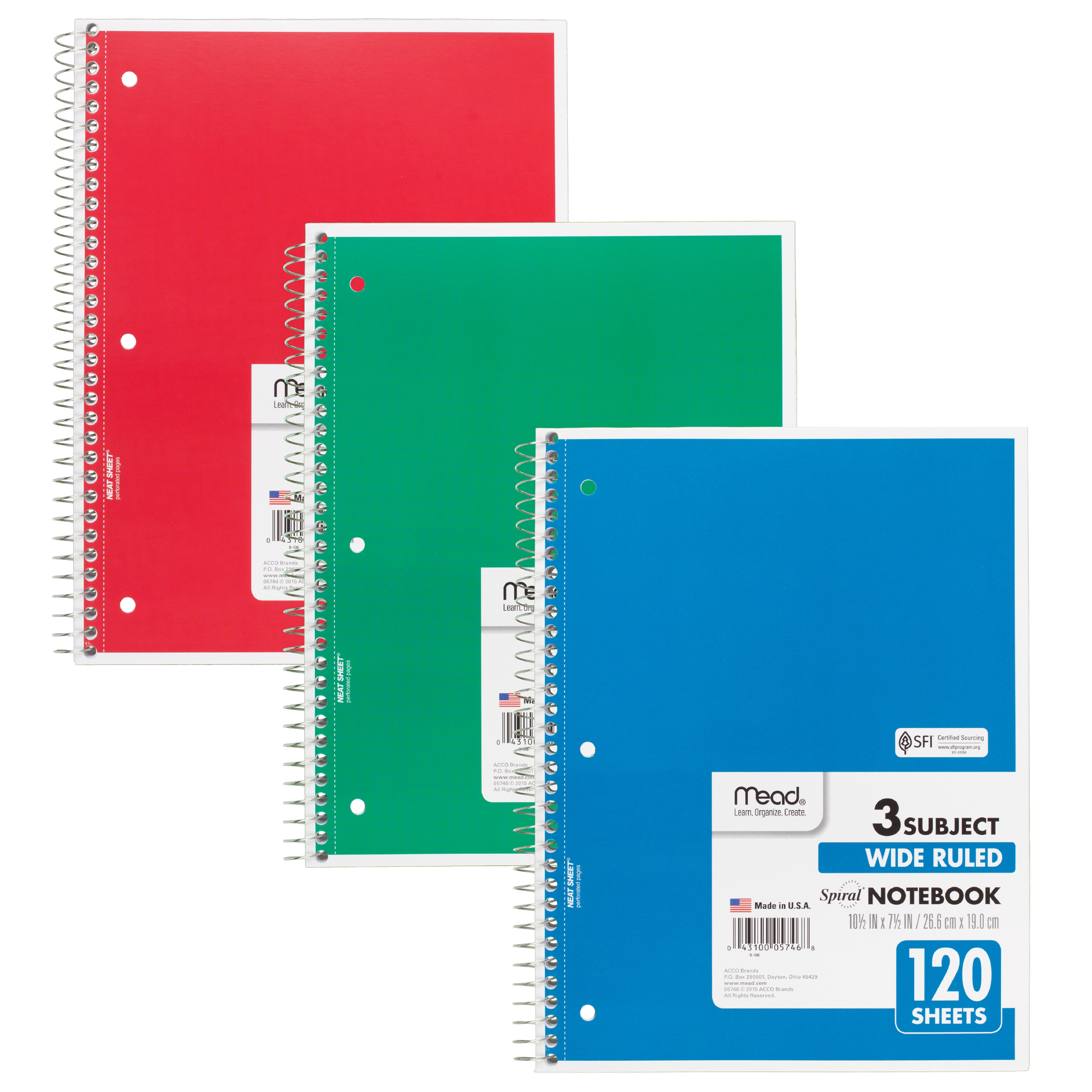 Mead Spiral 3 Subject Notebook, Wide Ruled, 180 Sheets Per Book, Pack of 6