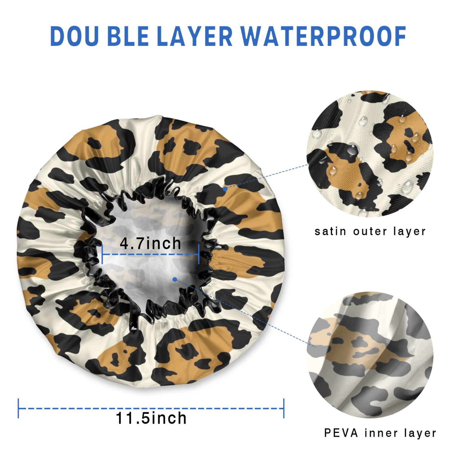 Shower Caps,Beige and Black Of Leopard Print Waterproof Shower Cap for Women 4 Pieces,Double Reusable Hair Cover for Shower PEVA Elastic Stretch Hem
