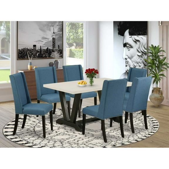 East West Furniture V626FL121-7 7-Piece Modern an Outstanding Linen White Rectangular Dining Table Top and 6 Stunning Linen Fabric Kitchen Parson Chairs with Nail Heads and Stylish Chair Back,...