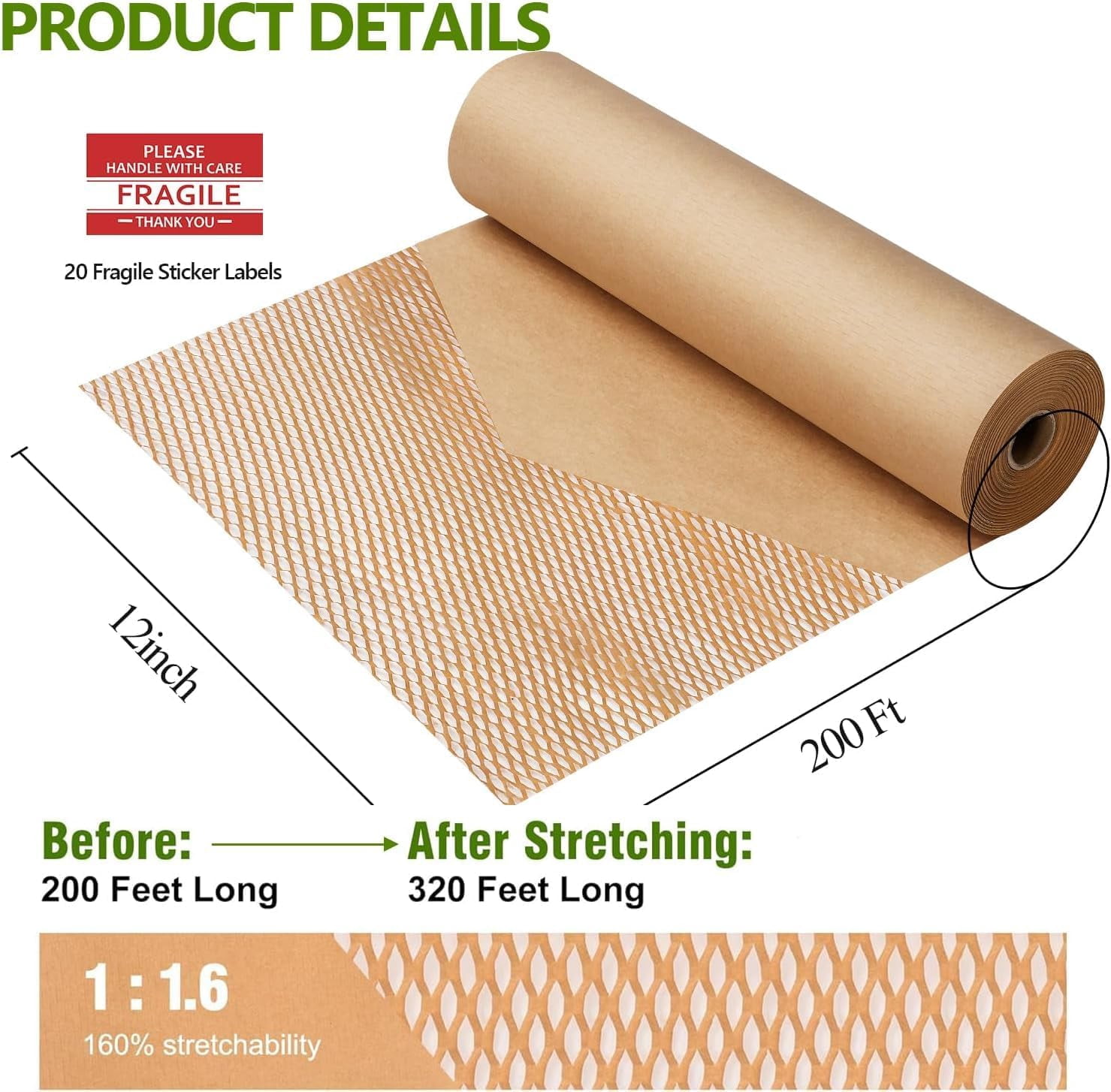 Honeycomb Packing Paper,12 inch x 200 ft Bubble Cushioning Wrap for Moving,Products Gifts Wrapping Paper,Recyclable and Biodegradable Shipping Materials with 20 Fragile Sticker Labels