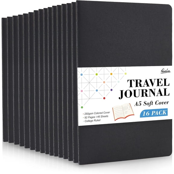 feela 16 Pack Soft Cover Journal Bulk, Lined Notebooks College Ruled for Work for Women Writing, Blank Travel Journal Note Taking Notebook Business Writing, 8.2” x 5.5”, A5, Black