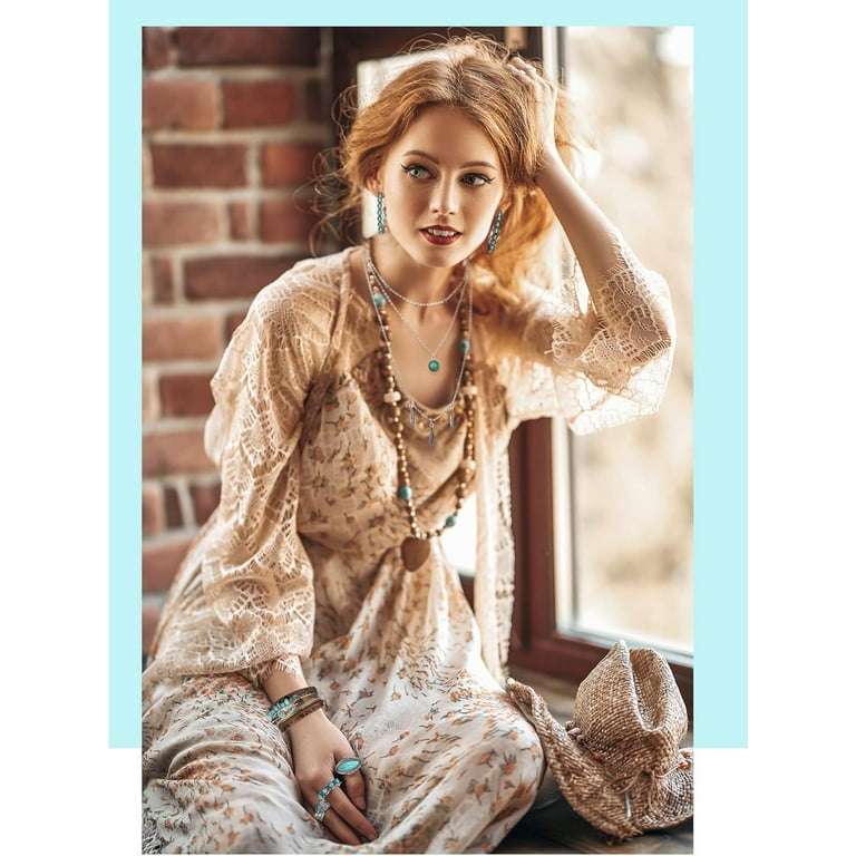 Bohemian Western Jewelry Turquoise Set Women Bohemian Pendant Long Choker  Layered Bracelets Turquoise Earrings Ring Necklace - Walmart.com