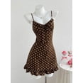 thumbnail image 3 of Brown Polka Dot Ruffle Hem Tie-Front Spaghetti Strap Cami Mini Dress, 3 of 6