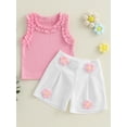 thumbnail image 4 of Toddler Baby Girl Summer Outfits 6 9 12 18 24 Months 2T 3T Sleeveless Ruffle Tank Tops + Crochet Flower Shorts Set Clothes, 4 of 9