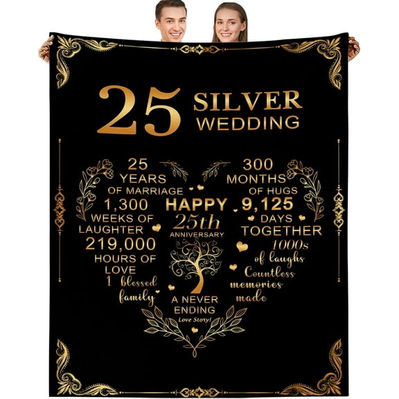 25th Anniversary Blanket Gifts, Mom Dad Grandpa Grandma 25th Wedding Anniversary, 50x60 Inch Flannel Throw Blanket Silver Wedding Gifts for Couples