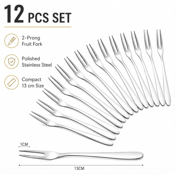 12 Piece Stainless Steel Mini Fork Set, 2 Prong Fruit, Appetizer and Dessert Forks, TIKA