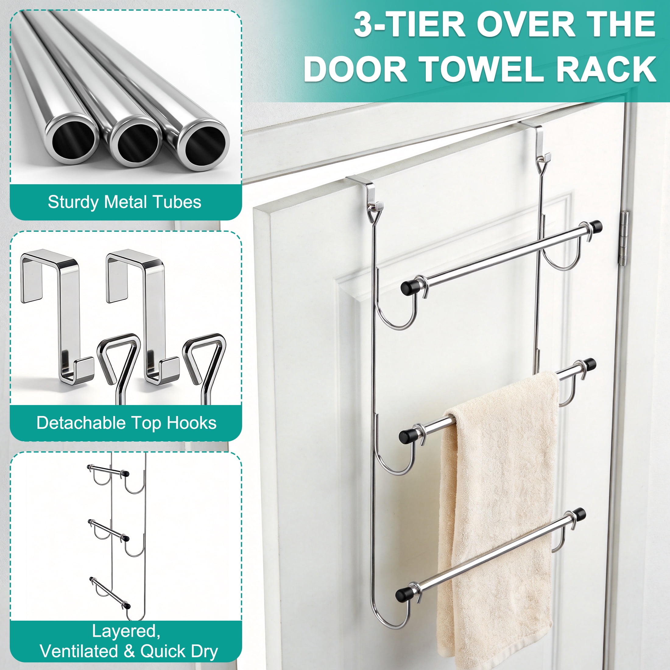 3 Tier Over The Door Towel Rack, No Drill Stainless Steel Towel Holder, Space Saving Door Hanging Towel Rack for Bathroom Storage
