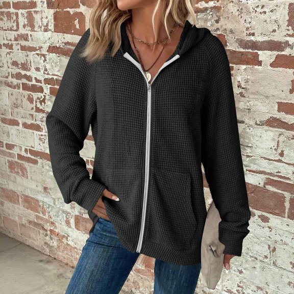 Zip Up Hoodie Women Waffle Knit Long Sleeve Comfy Hooded Sweatshirt with Pockets Cute Fall Sweatshirts Casual Jacket Black M