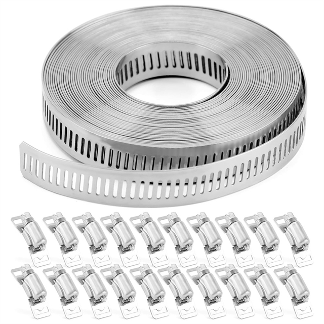 Pinces à Tuyau 20 Pi Sangle en Métal + 20 Attaches Bricolage Découpées sur Mesure Pinces de Bande en Acier Inoxydable Ajustables Grande Vis Sans Fin