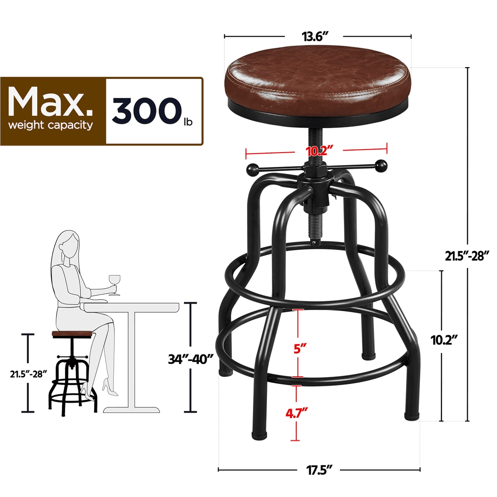 Alden Design Vintage Faux Leather Counter-Height Bar Stool, Adjustable, Brown