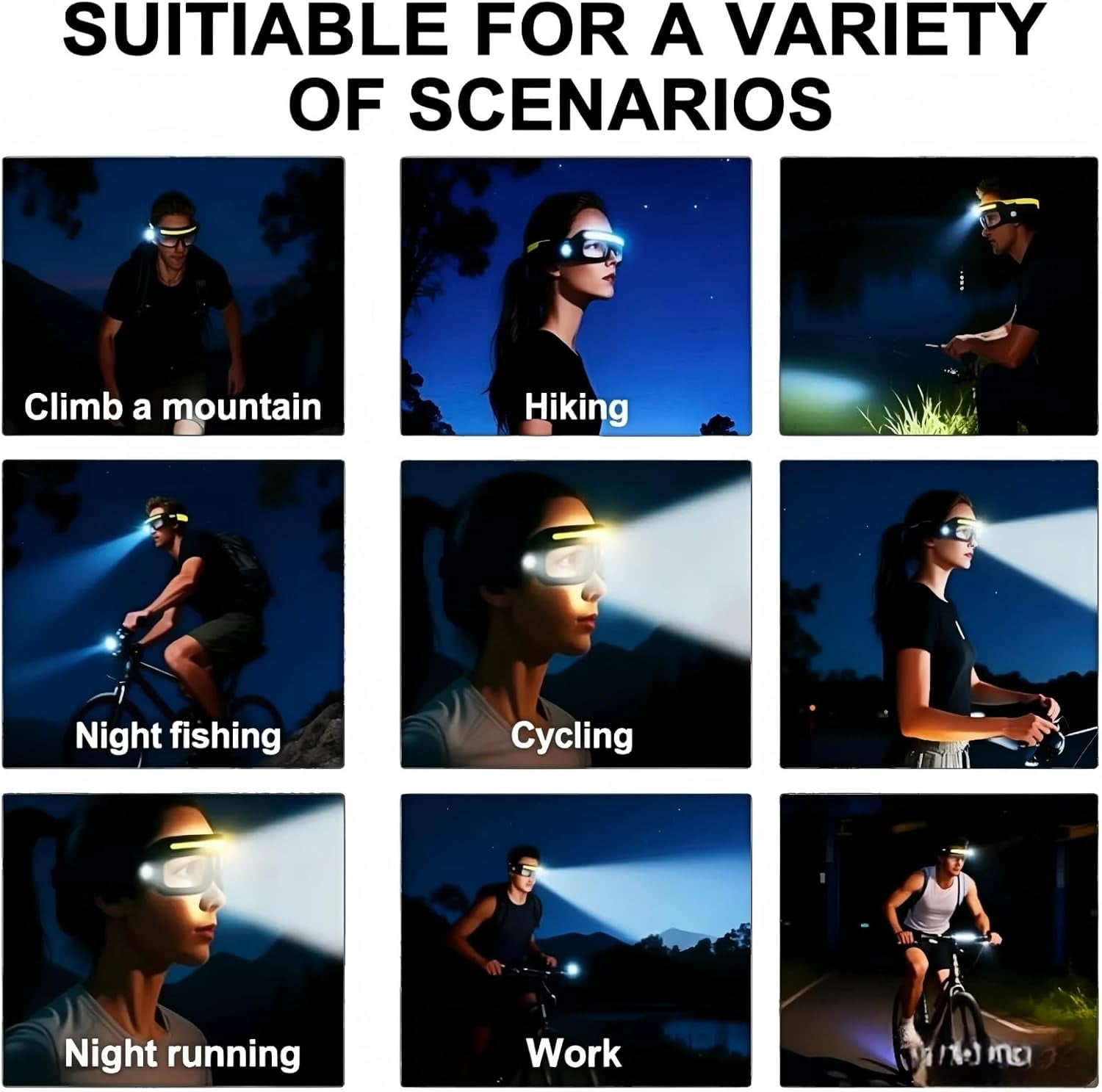 LED glasses rechargeable headlight glasses with motion sensor and touch control, 5 modes USB C lighted glasses for running camping, fishing, cycling, hiking, hands-free lighting glasses
