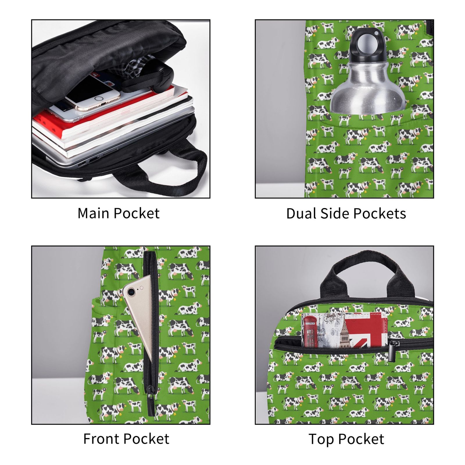 Xecao Cows With Calfs Green print Backpack For women men Aesthetic Lightweight Travel Daypack Simple Cute Backpack For Bookbag