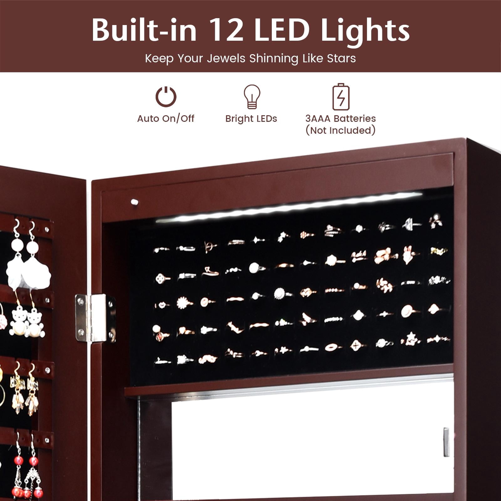 Giantex LED Jewelry Cabinet Wall Door Mounted, Lockable Jewelry Armoire w/Full Length Mirror, Cosmetics Tray, Brush Holders, Build-in Makeup Mirror for Women Girls (Brown)