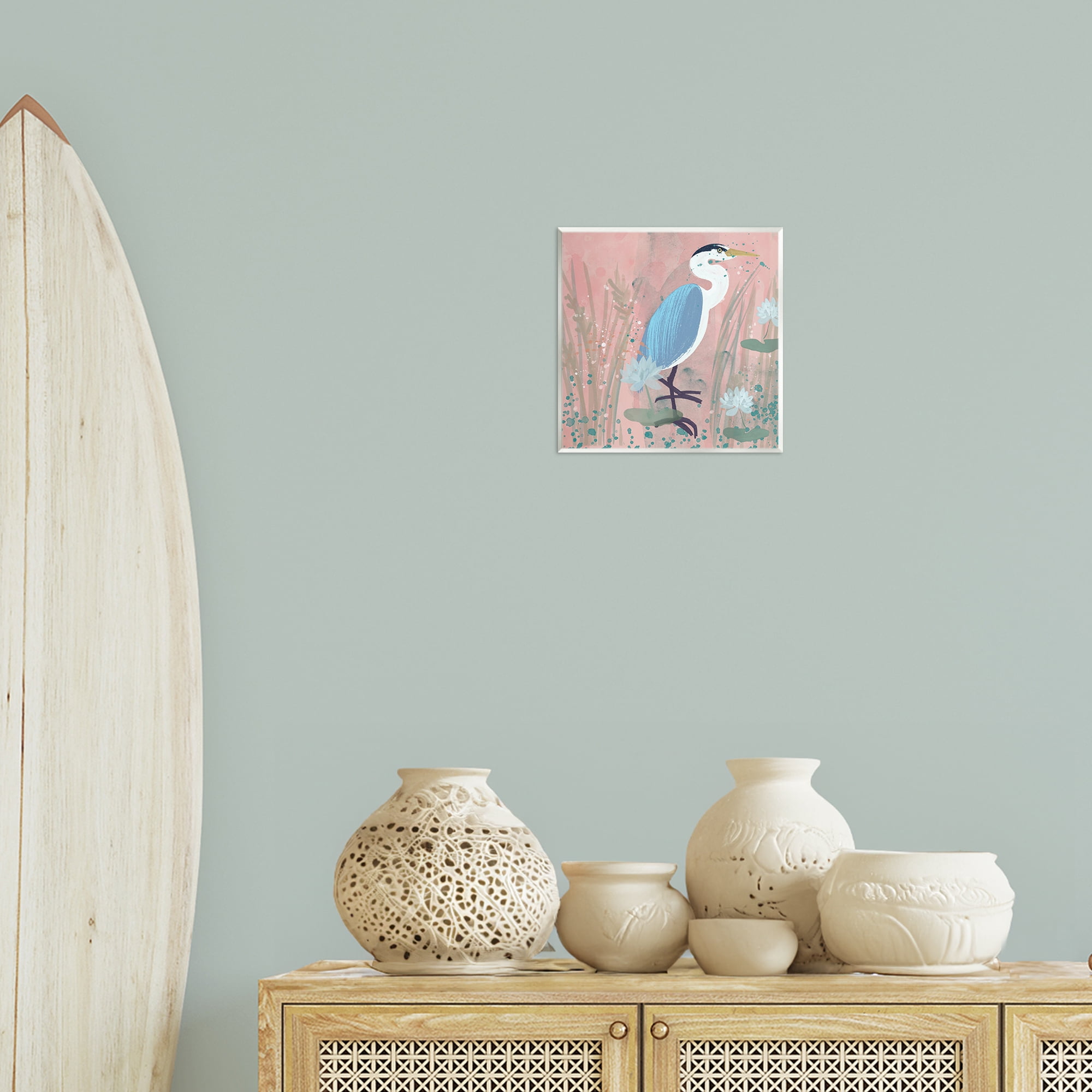 Stupell Industries Coastal Bird with Lotus Flowers Animals & Insects Painting Unframed Art Print Wall Art, 12 x 12