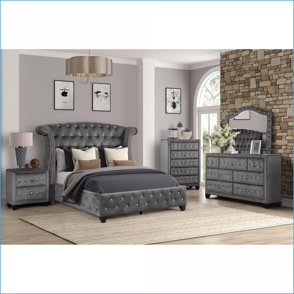 Bedroom Furniture Set – Queen 5 Pc Modern Glam Gray Wood with Crystal Tufted Accents | Gray | Wood