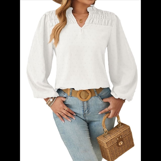 Blusa de Larga con Cuello en V para Mujer, Elegante, Informal, con Pompones, Estilo Primaveral. XXL