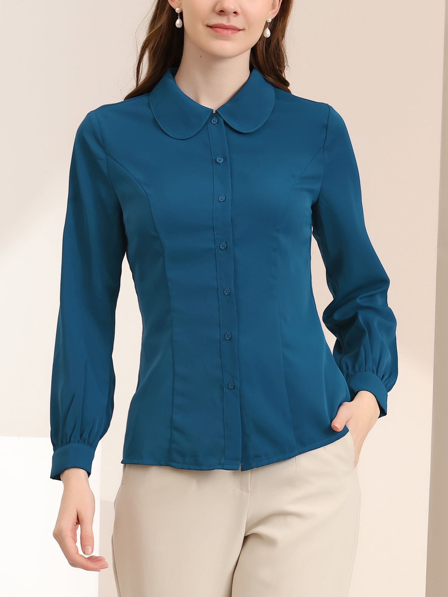 DARING DIVA Women's Peter Pan Collar Long Sleeve Button Down Work Shirts S Peacock Blue