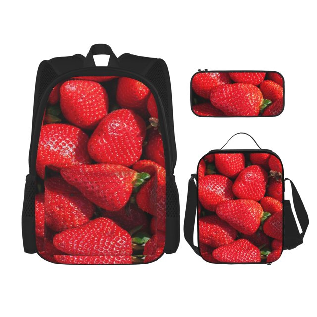 Disketp Strawberry Red Mochila Estampada de Gran Capacidad con Lonchera y Estuche, Set de 3 Piezas para Estudiantes