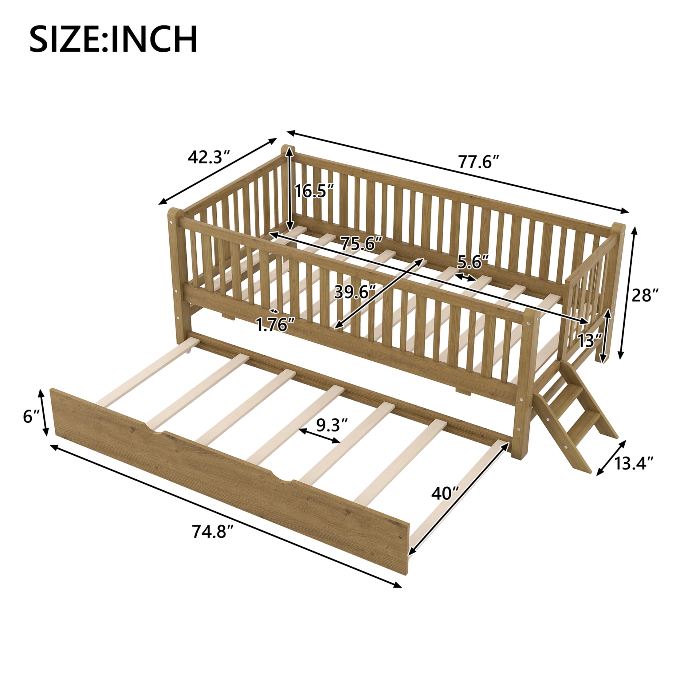 Noble House Elley Twin Platform Bed, Semi-Enclosed Fence Guardrail with Pull-Out Trundle, Solid Wood Frame, Walnut