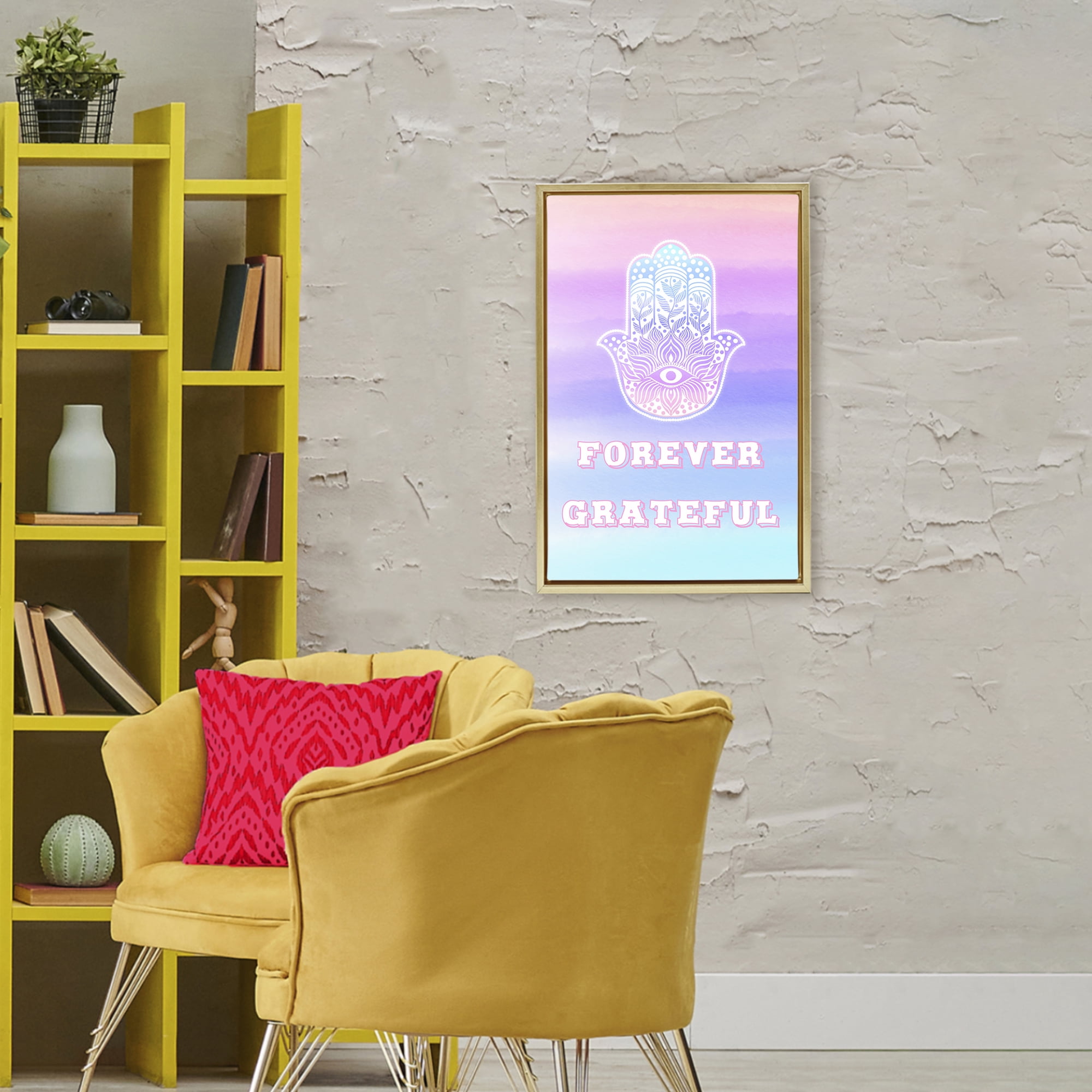 Stupell Industries Forever Grateful Hamsa Gold Framed Floater Canvas Wall Art, design by Pooja Dave