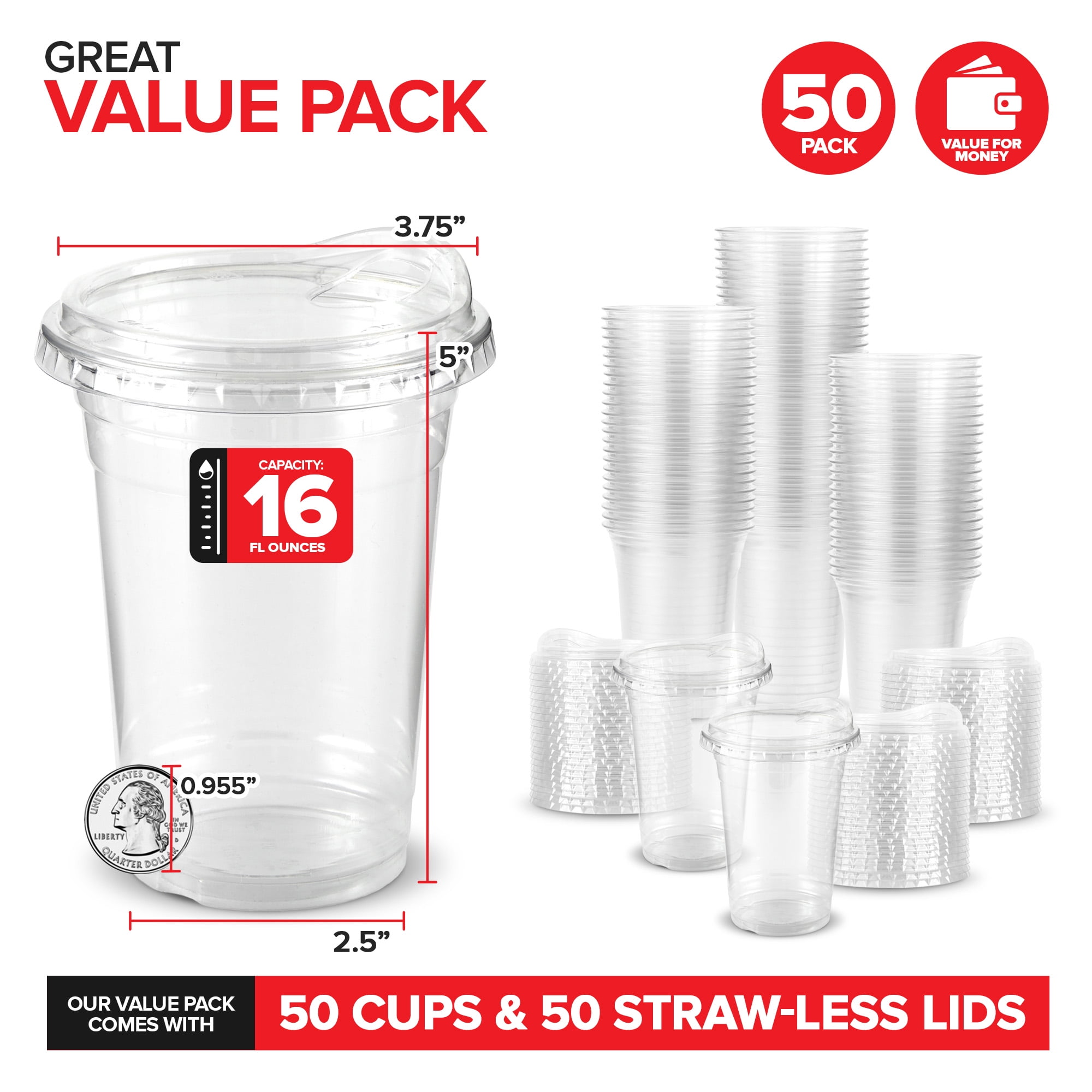16 oz Clear Plastic Cups with Lids Disposable, Togo Drinking Cup with  Strawless Sip Lid for Smoothie, Cold Brew Iced Coffee, Lemonade, Ice Latte,  ...