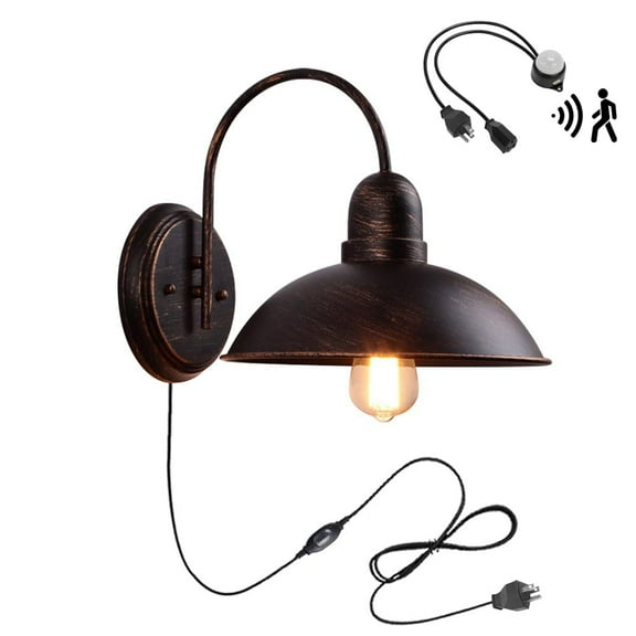 KAYYELAMP Detachable Motion Sensor Waterproof Patio Wall Light with Three Prong Plug, Antique Copper Outdoor Wall Lamp for Entrance Kitchen(No Bulb)