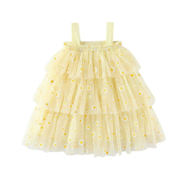 Robes Décontractées pour Filles Tout-Petits Été en Maille à Bretelles Col Carré Sans Manches Fête Danse Tutu Robe de Plage, Jaune, 4-5 Ans