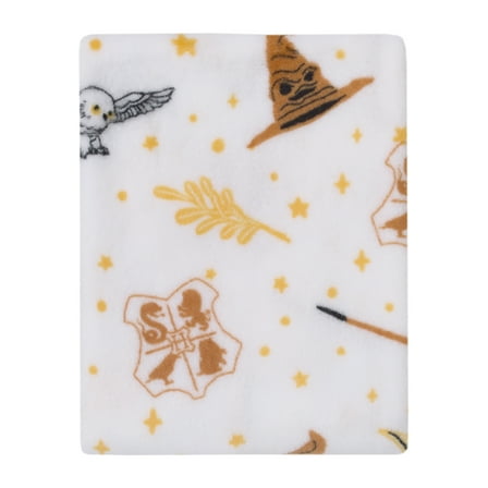 Warner Brothers Harry Potter White, Gold, and Tan Plush Baby Blanket