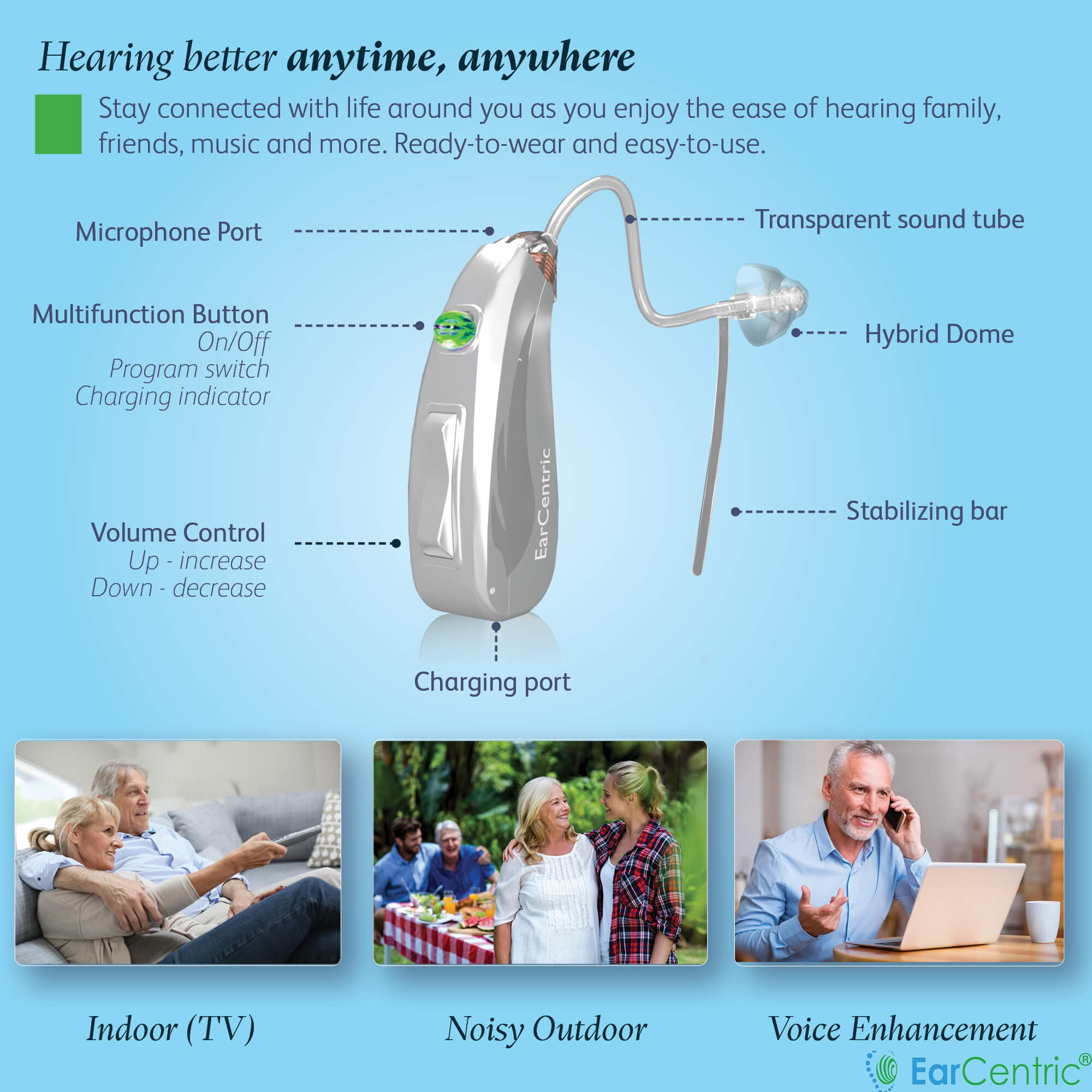 EX2 Rechargeable Behind-the-Ear Beige kit (2pc) - Silver by EarCentric Hearing Amplifiers