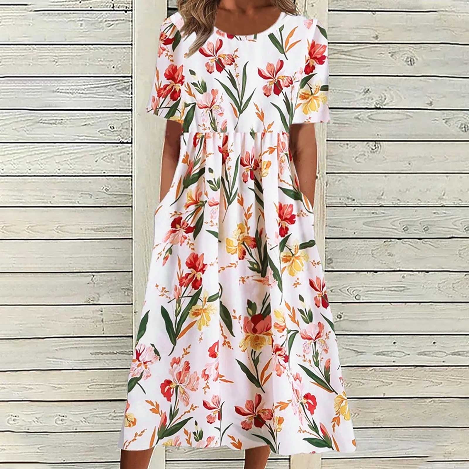 Lastesso Women Bohemian Floral Printed Sundress Short Sleeve Midi Dress ...