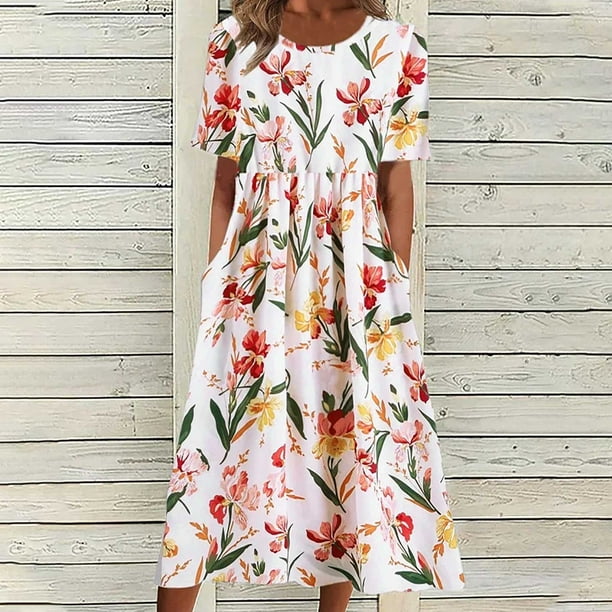 ICHUANYI ClearanceFashion Women Casual Sexy Round Neck Printing Summer Short Sleeve Pockets Dress(Red, XXL) ICHUANYI WER20232080501901