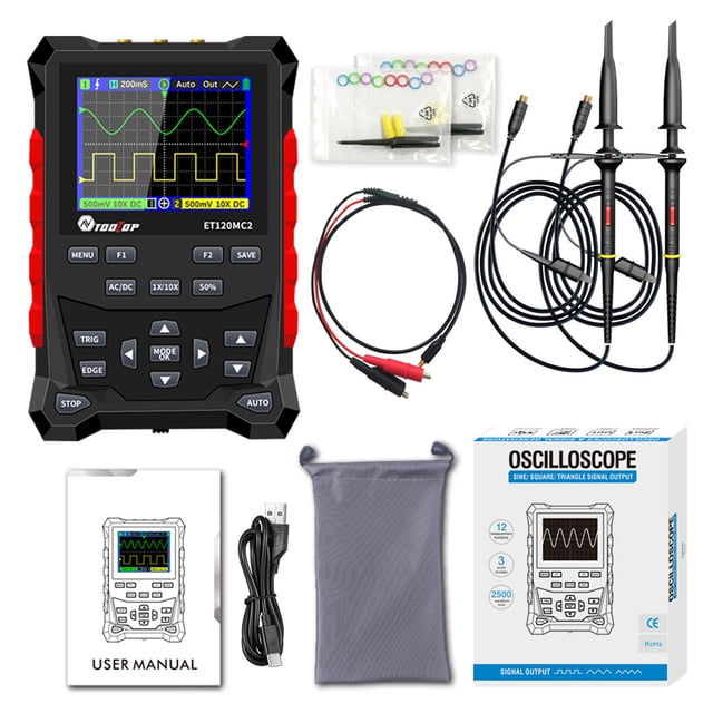 TOOLTOP TOOLTOP ET120MC2 Dual-Channel Handheld Oscilloscope with Signal Generator, 120MHz Bandwidth, 500MSps Sampling, 2.4" Color Display, 2500 Waveform Storage, Auto Waveform Adjustment, 2000mAh