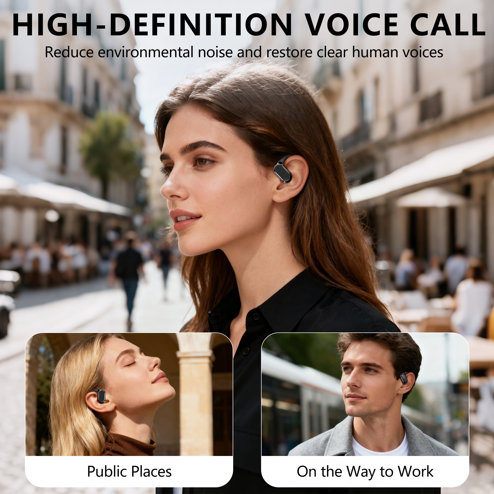 True Wireless Stereo Earphone, Open Ear Touch Control Bluetooth Headphone with Earhook, Type-C Charging Earphone for Meeting/Travel/Video/Game, Black