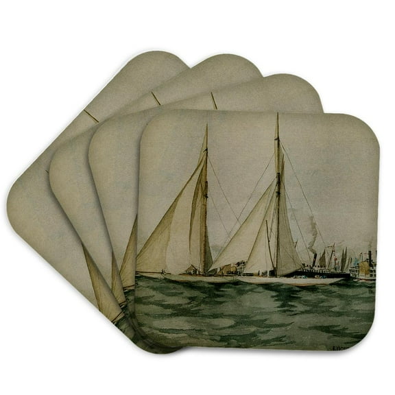 3drose, Columbia and Shamrock, Americas Cup by Edward Hopper, Set of 4 Coasters - Soft