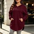 thumbnail image 3 of Women Plus-Size Long Hooded Sweatshirt Drawstring Long Sleeve Curved Hem Hoodie Tops With Kangaroo Pocket Casual Loose Daily Outerwear Red 3XL, 3 of 6