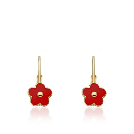 - Little Miss Twin Stars Frosted Flowers Gold Overlay Pink Enamel Flower Leverback Earrings