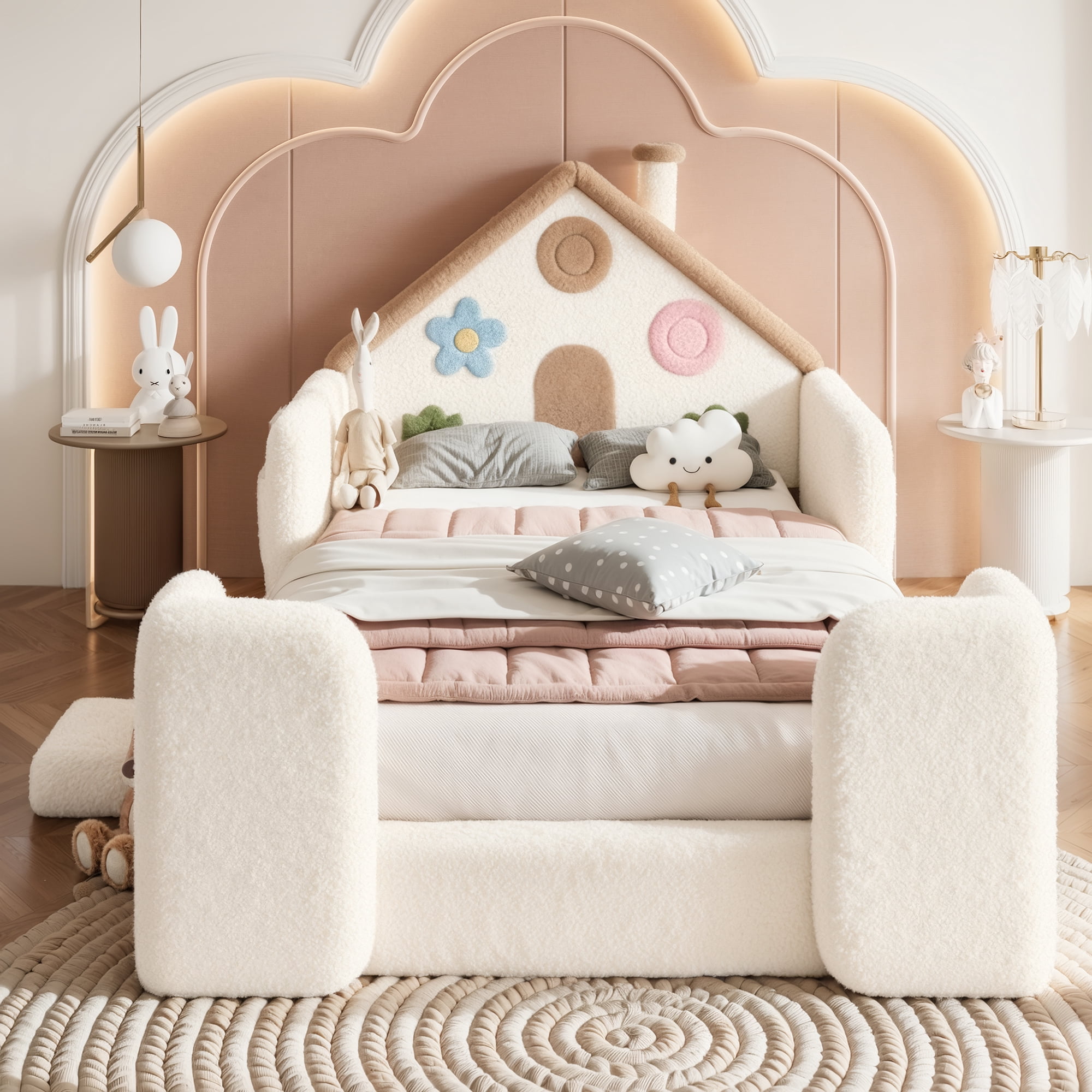 HOQBN Twin House Shaped Upholstered Floor Bed, Upholstered Kids Bed with Safety Side Rails, Low Floor Playhouse Bed for Nursery & Kids Bedroom Beige & Natural