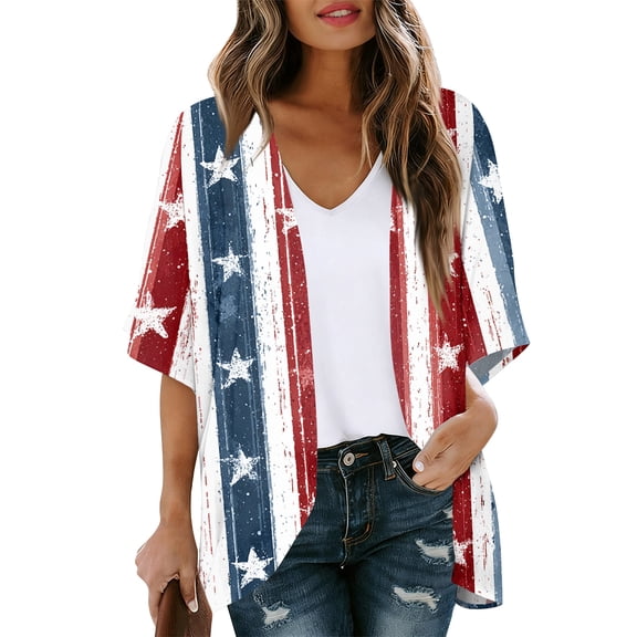 JULMCOMO 4th of July Lightweight Cardigans for Women Stars Stripes Half Sleeve Independence Day Kimono Cover Ups Summer Tops White XL