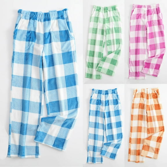 FRSASU Pajamas Pants for Women Plaid Printed Flannel Warm Fleece Fuzzy Lounge Trousers Soft Wide Leg Sleepwear Cute Pants Orange