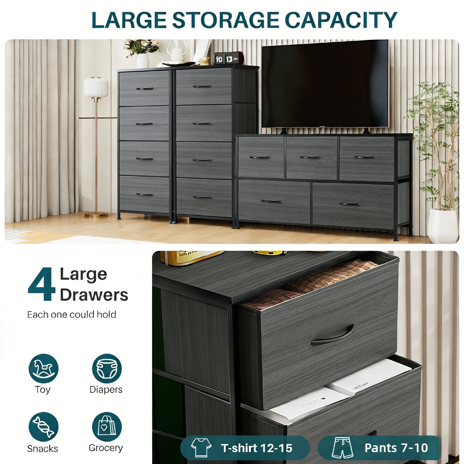 Nextay 4-Drawer Fabric Dresser for Bedroom, Storage Dresser Closet with Steel Frame & Wooden Top for Living Room, Dressing Room, Charcoal Black