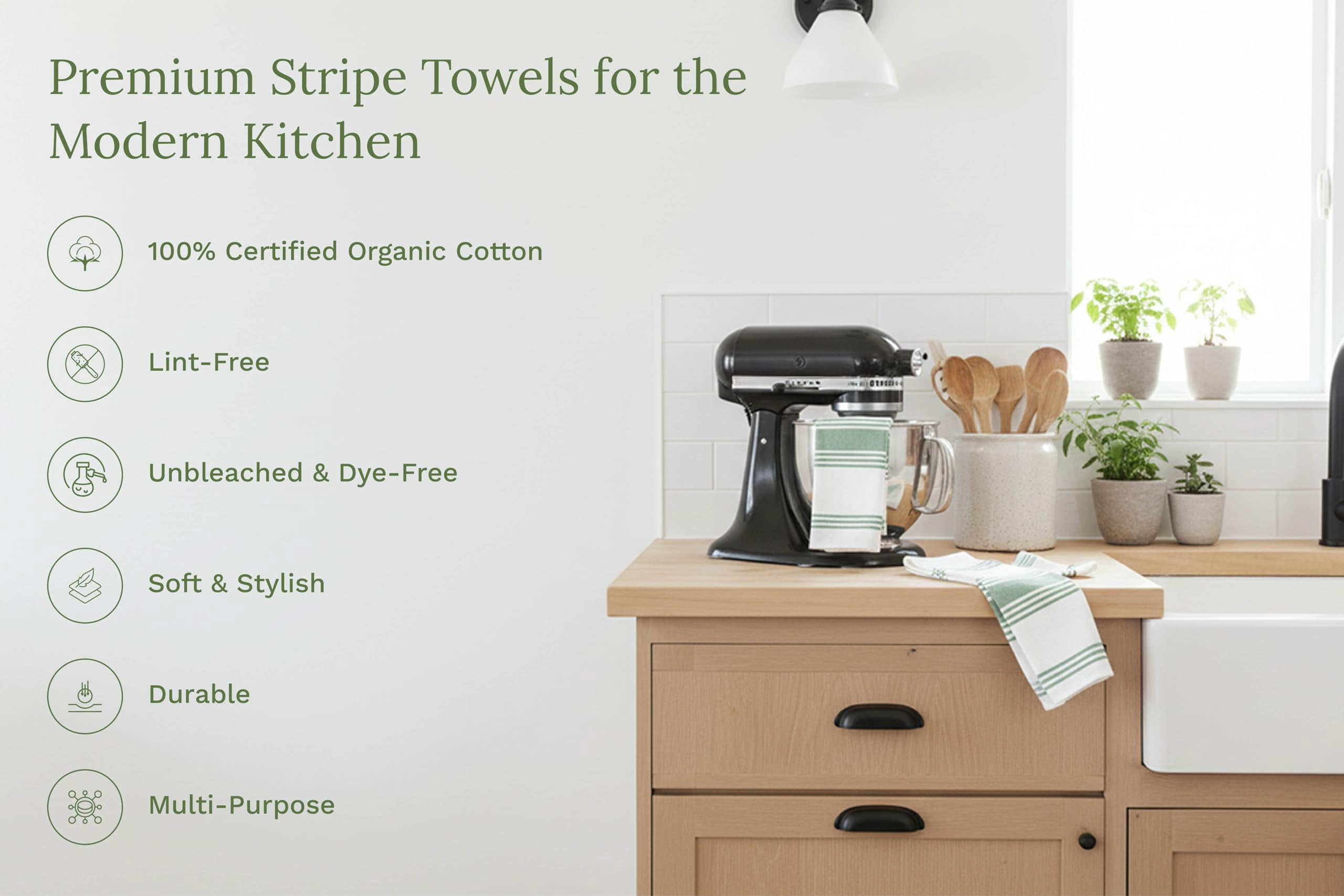 Absorbent Striped Dish Towels, 30x20", Lint-Free (Sage, Pack of 6)