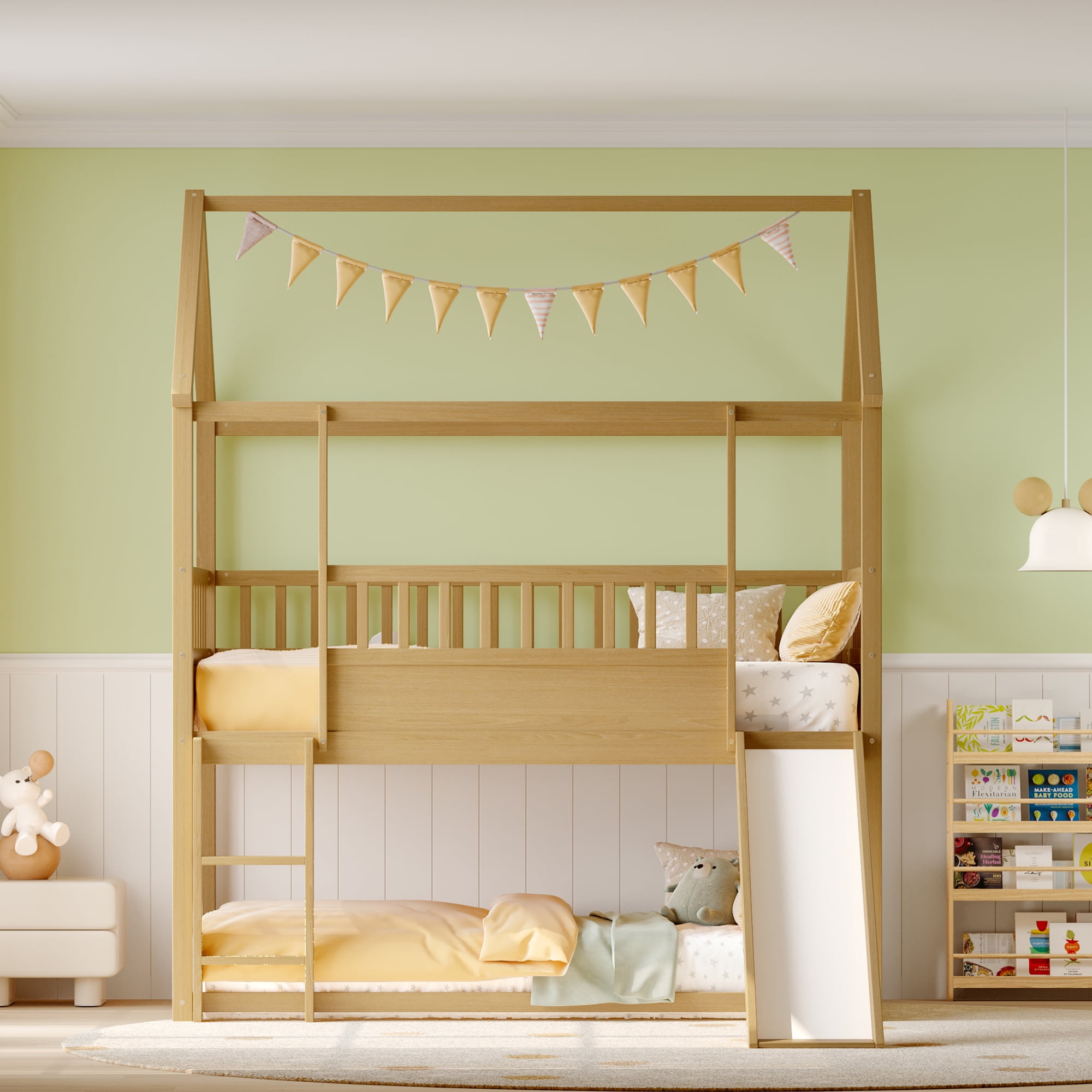 Miniyam Wood Twin Over Twin House Bunk Bed with Slide & Guardrail for Kids, Natural