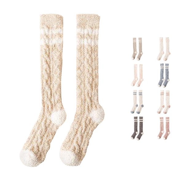 Ticikt Womens Fuzzy Knee‑High Socks, Warm Coral Fleece Home Floor Sleeping Socks for Fall Winter