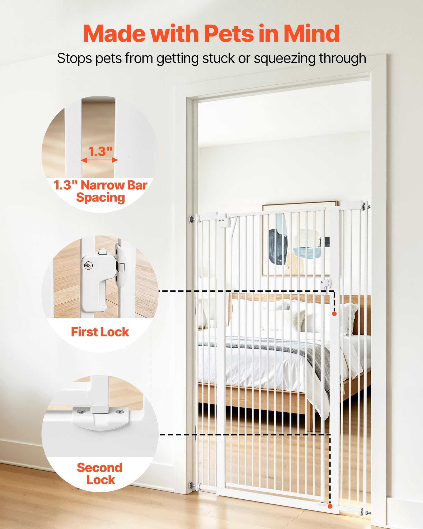 VEVOR Extra Tall Pet Gate for Cats, 29-41 in Adjustable Width, 56 in High Dog Gate, with Pressure Mount Kit and Wall Mount Kit, 1.3 in Narrow Bar Spacing, for Stairs, Doorways, and House, White