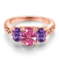 thumbnail image 3 of Gem Stone King 18K Rose Gold Plated Silver Pink Zirconia and Purple Amethyst Filigree Style 3 Stone Ring for Women (2.11 Cttw, Oval 8X6MM and 6X4MM, Size 6) (Size 6), 3 of 6