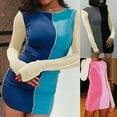thumbnail image 5 of Women Long Sleeve O-Neck Bodycon Mini Dress Color Block Patchwork Velvet Sexy High Waist Package Hip Stretch Clubwear, 5 of 20